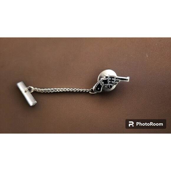 Vintage Silver & Black Revolver Gun Men's Formal Suit Tie Tack Pin - Picture 3 of 3